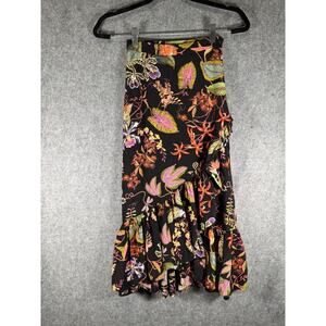 H&M‎ Skirt Women 2 Black Floral Resort flounced midi Asymetrical Flowy Unlined